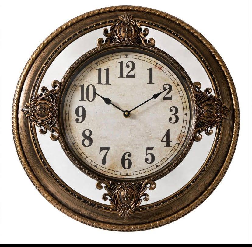Horloge murale vintage dorée avec miroir rond assorti